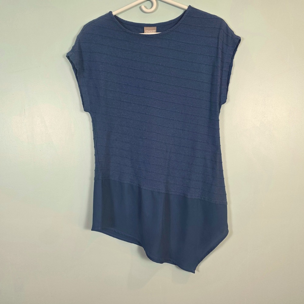 Chicos Blue Mixed Media Asymmetrical Hem Knit Top Size 0 Small Cap Sleeve Stripe